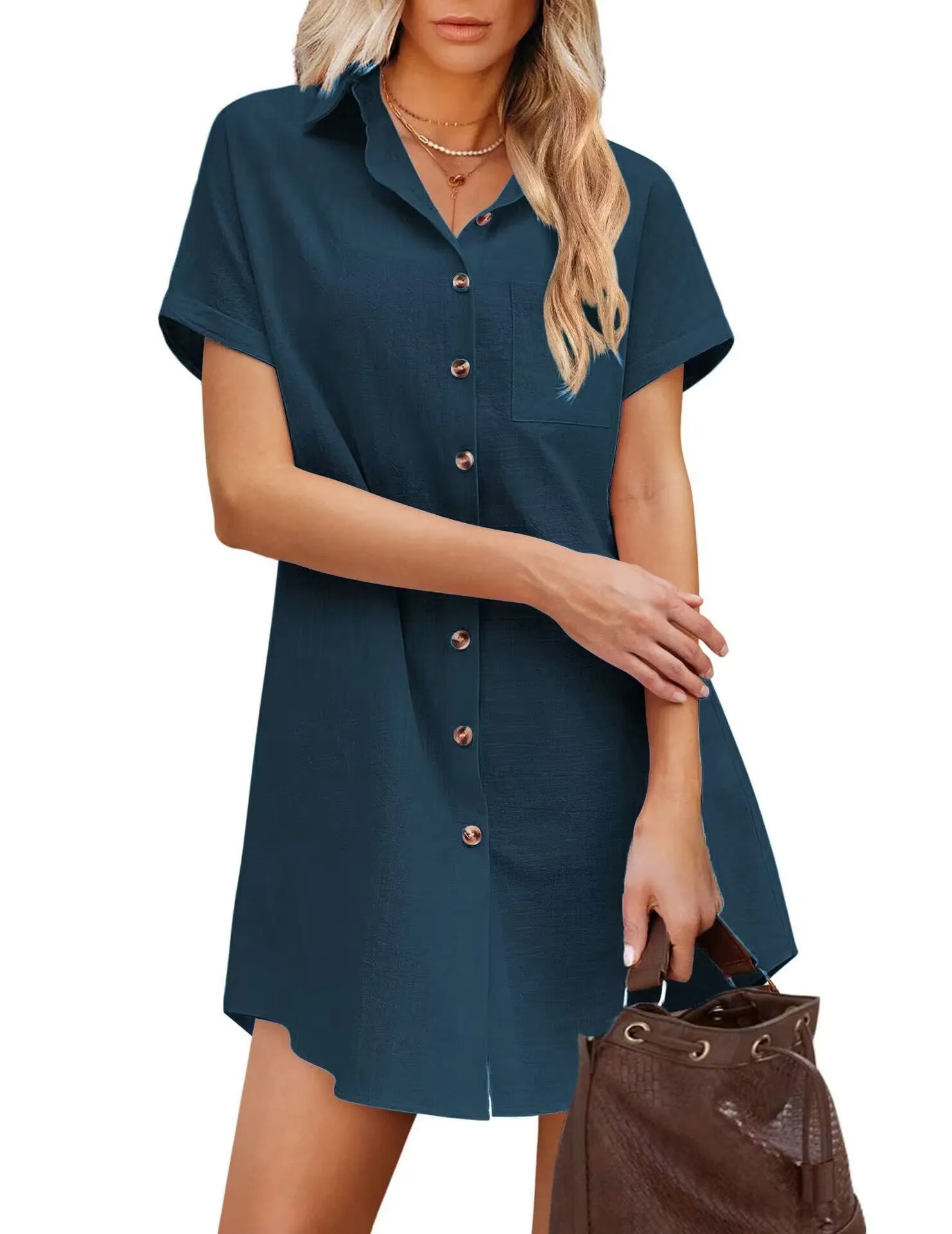 Women's Button Down Short Sleeve Linen Long Shirt