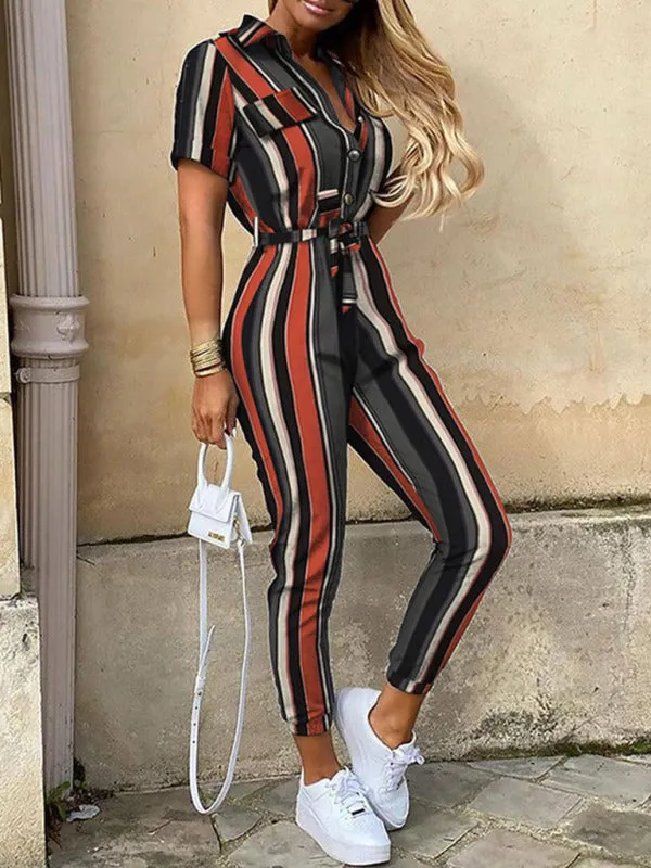 Women's Casual Lapel Buttoned Belt Cargo Jumpsuit