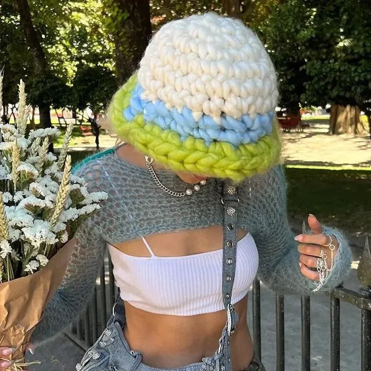 Y2K Blue Knitted Crop Sweater